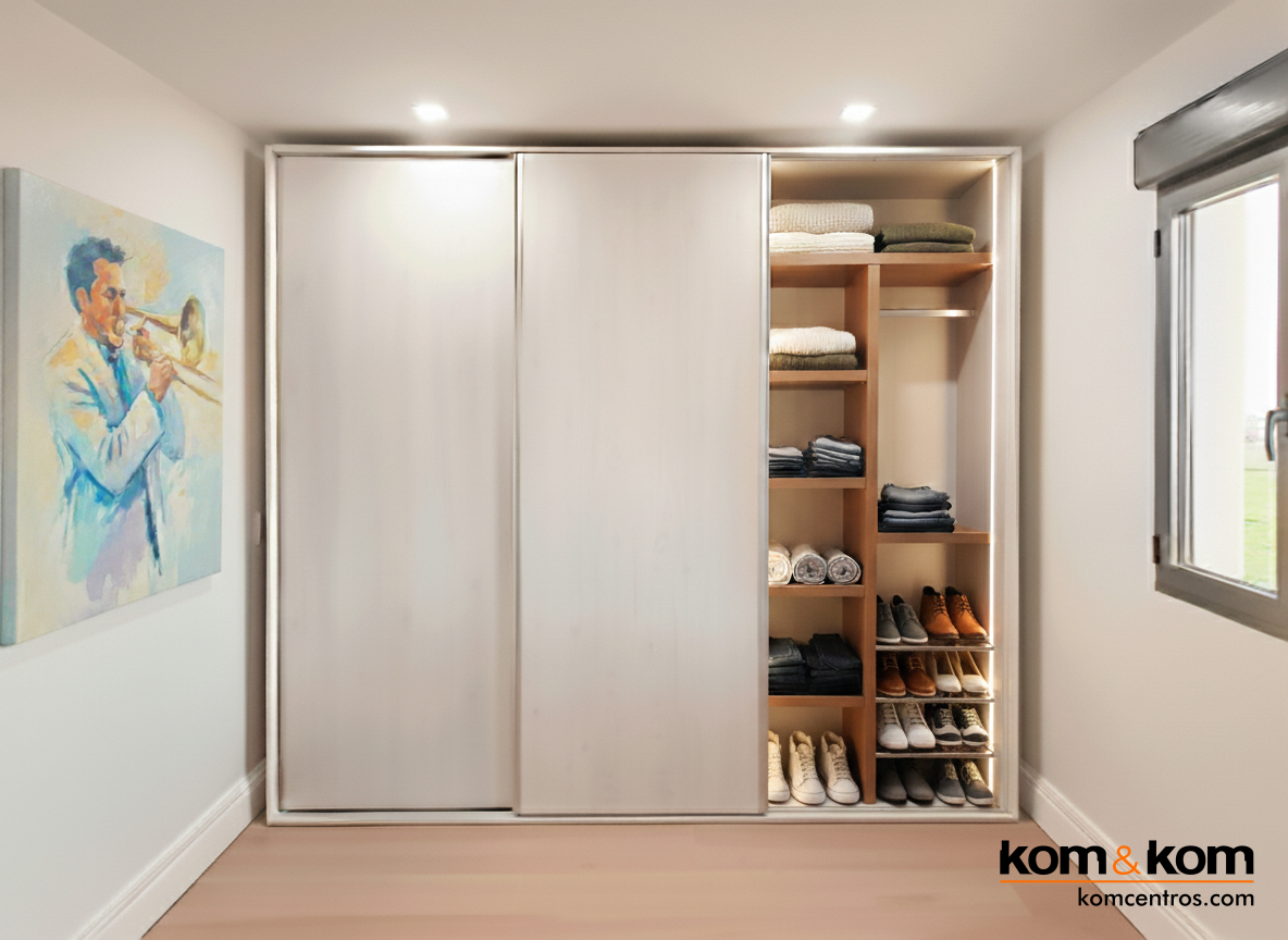 Distribuci&oacute;n interior de armario a medida, optimizando el espacio con 3 m&oacute;dulos y estantes gruesos.